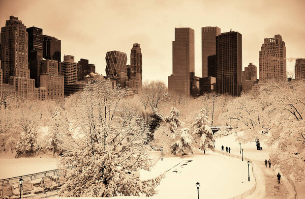 Central Park in winter with skyscrapers in midtown Manhattan New York City