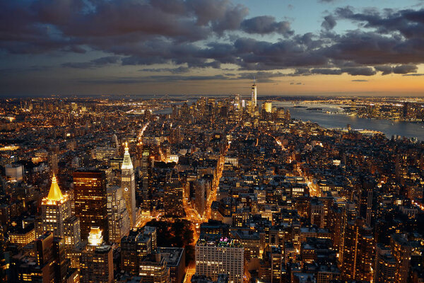 New York City downtown skyline view at night.