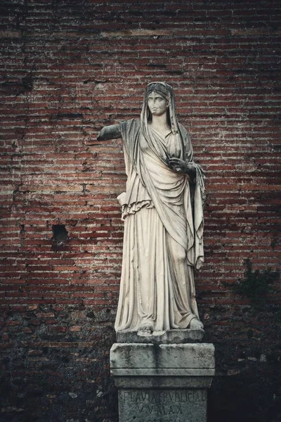 Detailní socha před cihlová zeď — Stock fotografie