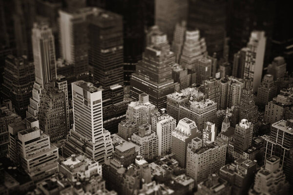 Midtown skyscraper buildings rooftop view tilt-shift in New York City