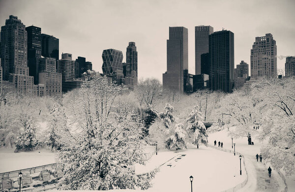 Central Park winter with skyscrapers in midtown Manhattan, New York City