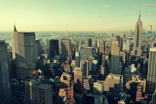 New York City skyscrapers rooftops urban view.