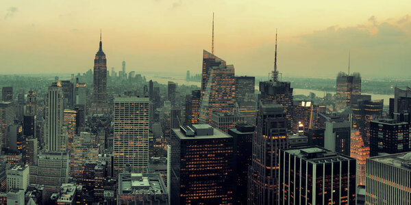 New York City skyscrapers rooftop urban view.