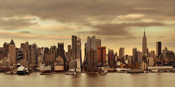Manhattan midtown skyscrapers and New York City skyline at sunset
