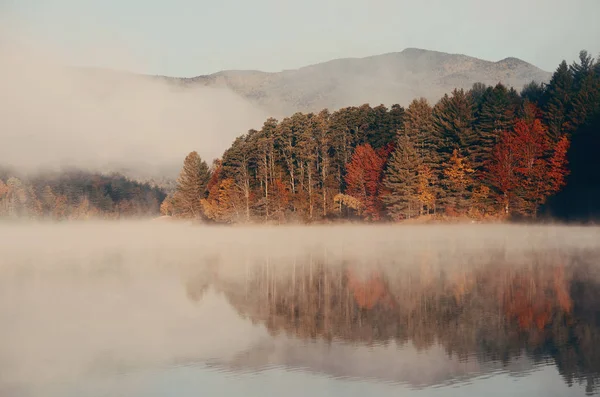 Folhagem de outono e lago de nevoeiro — Fotografia de Stock