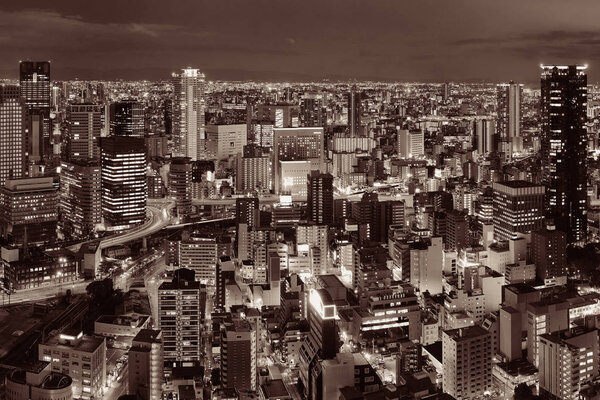 Osaka urban city at night rooftop view. Japan.