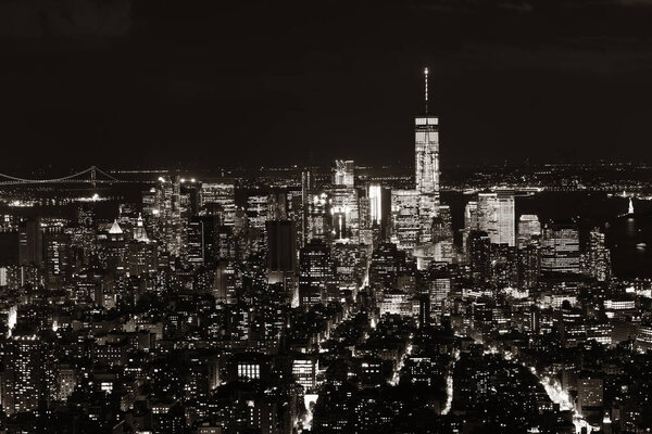 New York City downtown skyline view at night.