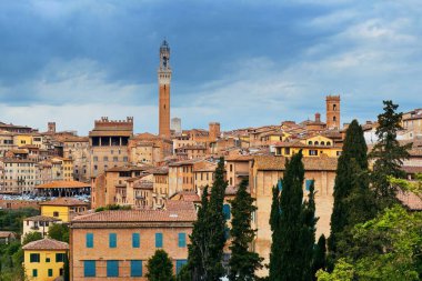 Ortaçağ kenti Siena tarihi binalar ve İtalya 'daki Belediye Zil Kulesi ile ufuk çizgisi manzarası