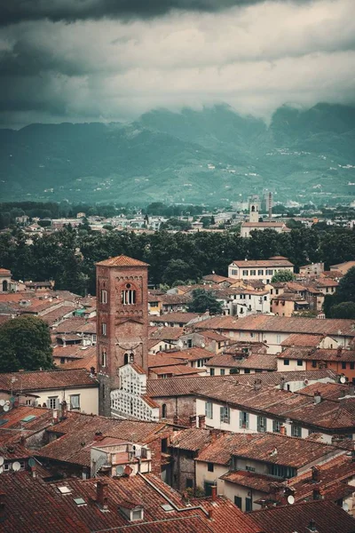 Lucca Rooftop View Red Roofs Bell Tower Historic Buildings Mountain — Stock Photo, Image
