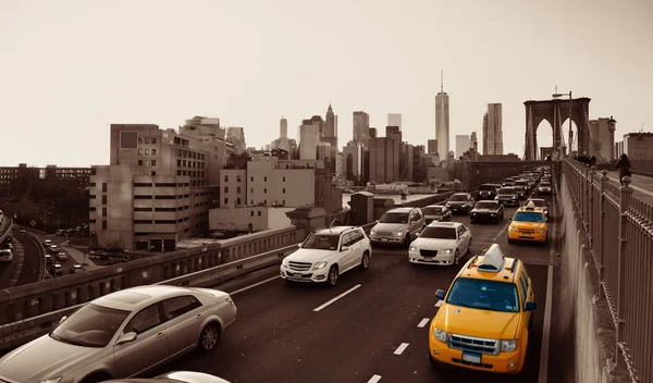 Spitsuur Verkeer Het Centrum Van Manhattan Met Brooklyn Bridge New — Stockfoto