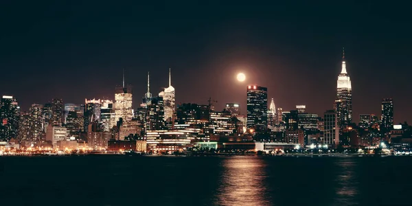 Luna Sorgere Sopra Centro Manhattan Con Skyline Della Città Notte — Foto Stock