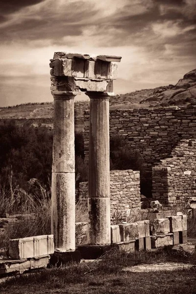 Pilaren Historische Ruïnes Delos Eiland Bij Mikonos Griekenland — Stockfoto