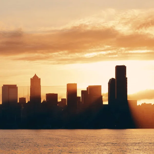 Seattle Východ Slunce Silueta Pohled Městskými Kancelářskými Budovami — Stock fotografie