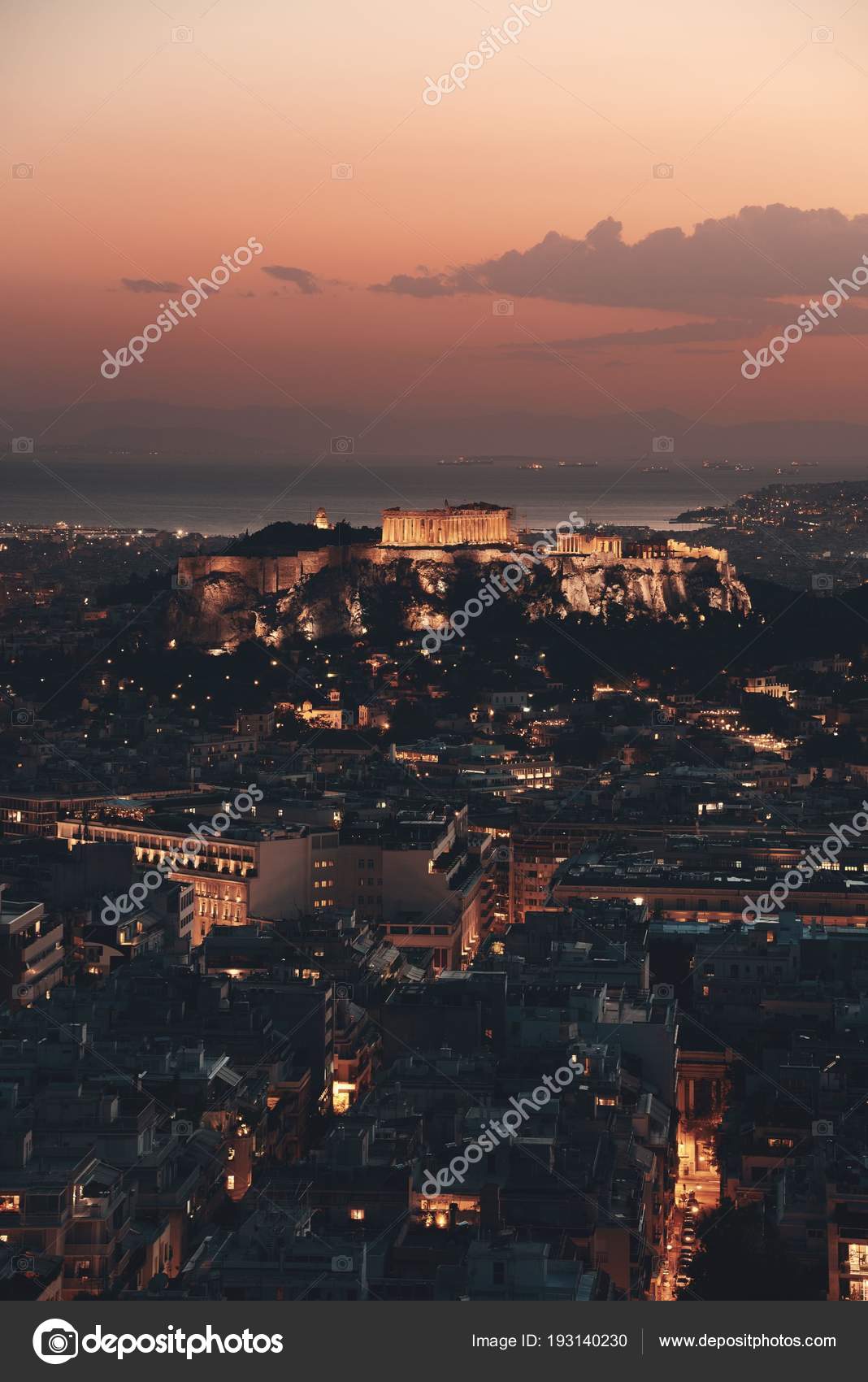 Athènes Skyline Coucher Soleil Lykavitos Avec Acropole Grèce