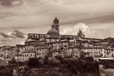 İtalya 'da Siena Katedrali ve ufuk çizgisi manzaralı ortaçağ kasabası