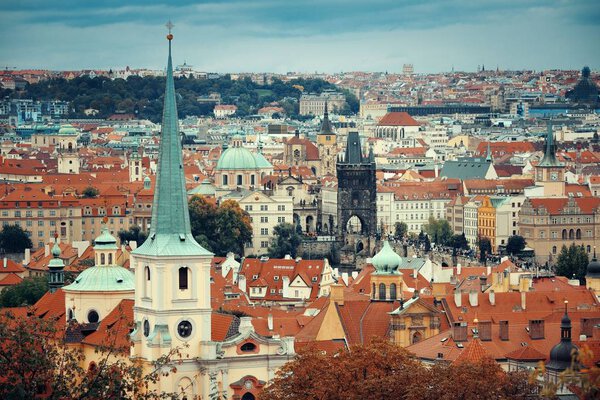 Prague skyline rooftop view with historical buildings in Czech Republic.