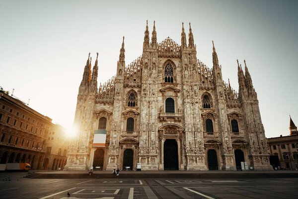 Cathedral Square sunrise in Milan city in Italy. 