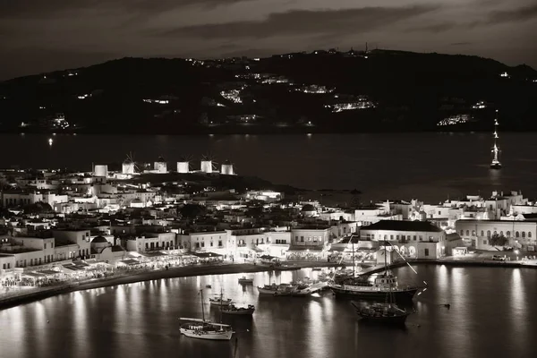 Yel Değirmenleri Bay Olarak Gece Ünlü Dönüm Noktası Mykonos Adası — Stok fotoğraf