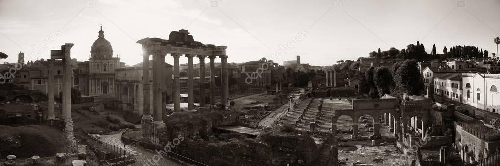 Rome Forum sunrise with ruins of historical buildings. Italy.