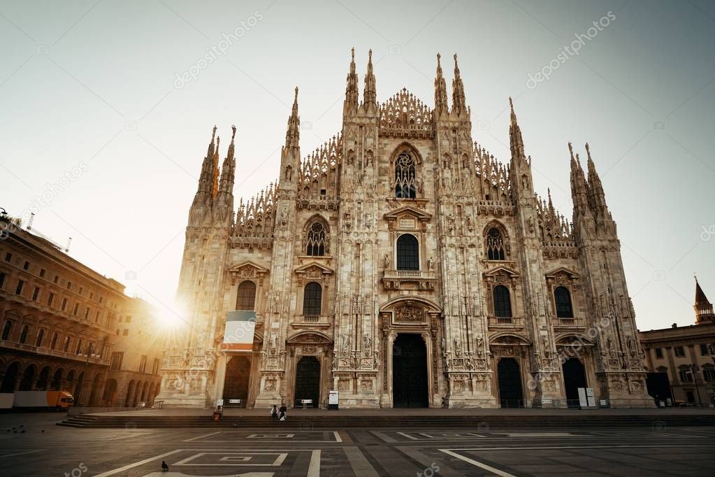 Cathedral Square sunrise in Milan city in Italy. 