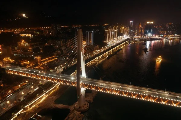 Widok Lotu Ptaka Most Miejską Architekturę Nocy Chongqing Chiny — Zdjęcie stockowe