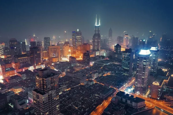 Shanghai Aerial Night View City Skyline Skyscrapers China — Stock Photo, Image