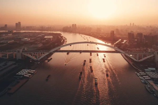 Shanghai Lupu Bridge Flygfoto Över Huangpu River Vid Solnedgången Kina — Stockfoto