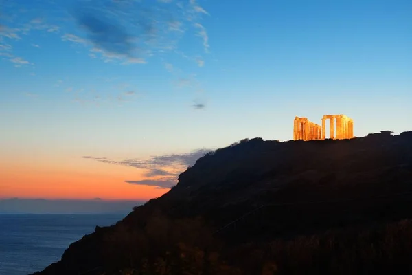 Zonsondergang Bij Tempel Van Poseidon Nabij Athene Griekenland — Stockfoto