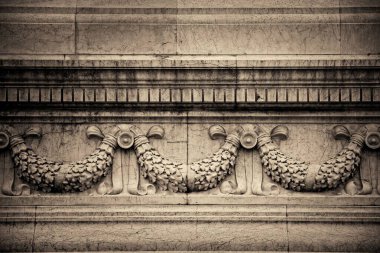 Tarihi binalar closeup görünümü vintage desenleri ile yıkıntıları ile Roma Forumu. İtalya.