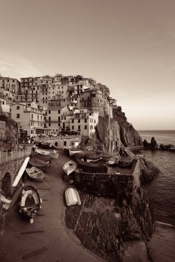 Manarola, İtalya 'nın Cinque Terre kentindeki uçurumun üzerindeki binalarla Akdeniz' e tepeden bakar. Siyah ve beyaz.