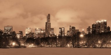 Central Park 'ta kış, Manhattan' ın merkezinde gökdelenleri olan bir panorama.