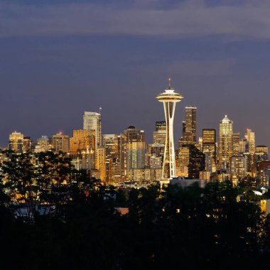 Geceleri Kerry Park 'tan görülen şehir binalarıyla Seattle City gökdelenleri.