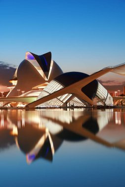 VALENCIA, İspanya - 22 Mayıs 2019: Geceleri Sanat ve Bilim Şehri 'nin Modern Mimarisi