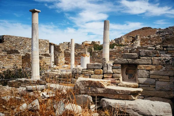 Piliers Ruines Historiques Dans Île Delos Près Mikonos Grèce — Photo