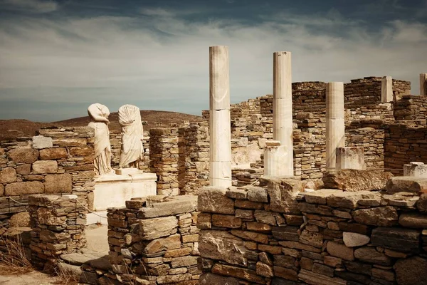 Piliers Ruines Historiques Dans Île Delos Près Mikonos Grèce — Photo