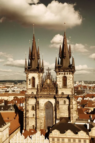 Frauenkirche Vor Und Prager Skyline Auf Dem Dach Der Tschechischen — Stockfoto