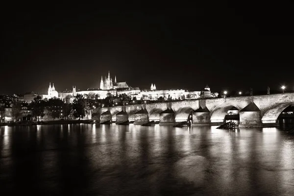 Prague Skyline Bridge River Czech Republic Night — Stock Photo, Image
