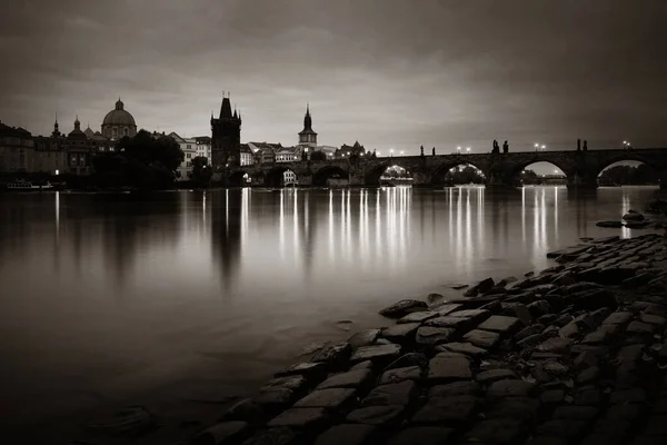 Prague Skyline Bridge River Czech Republic Night — Stock Photo, Image