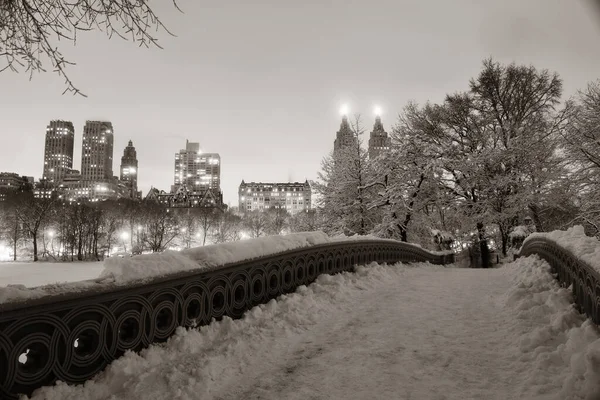 Central Park Winter Mit Wolkenkratzern Und Bow Bridge Midtown Manhattan — Stockfoto