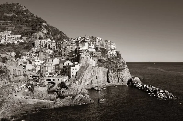 마나롤라는 이탈리아의 테레에 건물들이 지중해를 간과하고 — 스톡 사진