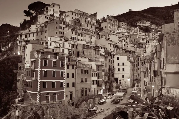 Riomaggiore Vízparti Fekete Fehér Kilátás Épületek Cinque Terre Éjjel Olaszország — Stock Fotó