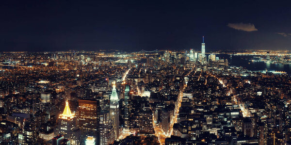 New York City downtown skyline panorama night view.