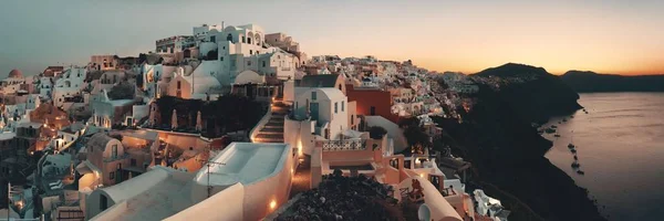 Santorini Panorama Východ Slunce Budovami Řecku — Stock fotografie