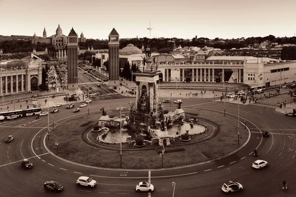 Duży Ruch Placa Espanya Monumentalną Fontanną Barcelonie Hiszpania — Zdjęcie stockowe