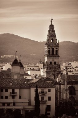 Cami-Katedral çan kulesi, İspanya 'daki Cordoba' nın tarihi köprü ve şehir silueti.. 
