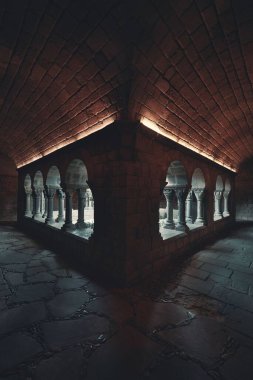 Pueblo Espanol Barcelona, İspanya 'daki Romanesque Manastırı' nın koridorunda.