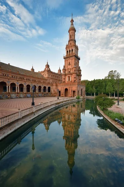 Plaza España Plaza España Con Reflejo Agua Sevilla España — Foto de Stock