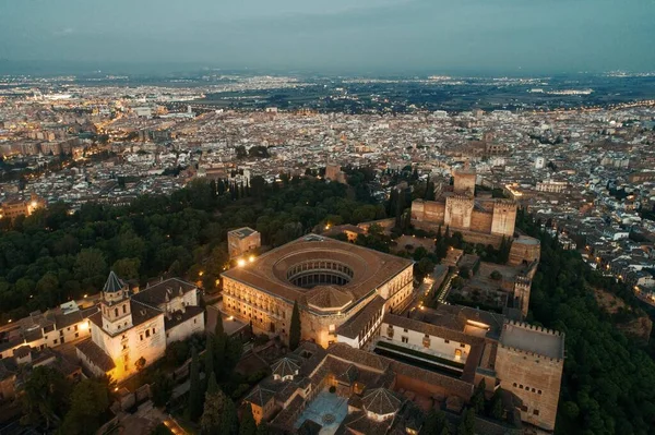 Alhambra Aerial View Night Historical Buildings Granada Spain — 图库照片