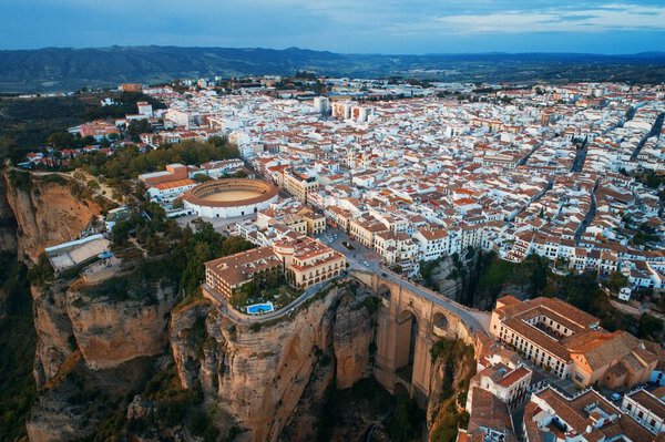 Ronda aerial view with old buildings in Spain.
