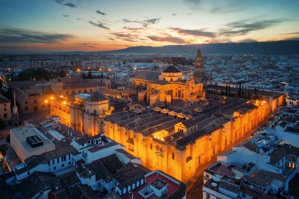 Die Moskokathedrale Von Crdoba Luftbild Bei Nacht Spanien — Stockfoto